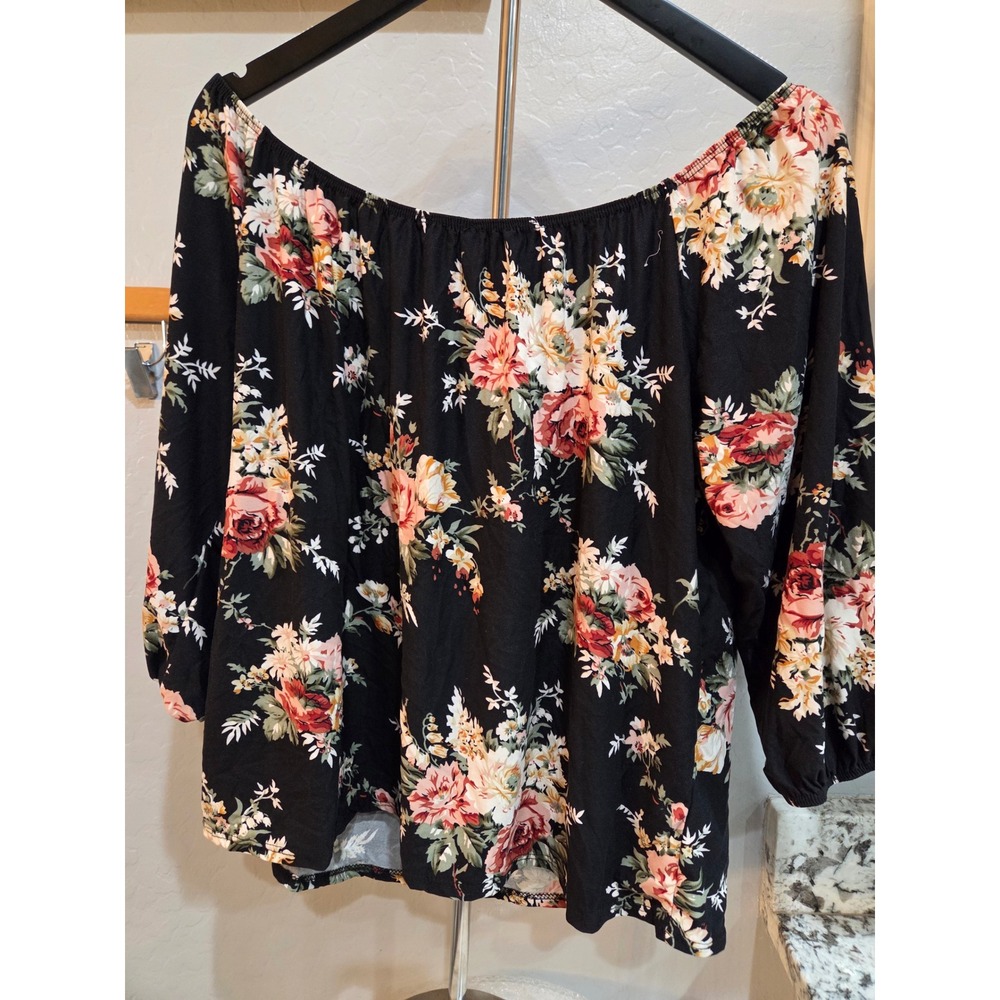 Vintage Floral Off The Shoulder Tie Back Blouse Three Quarter Sleeve Top Medium